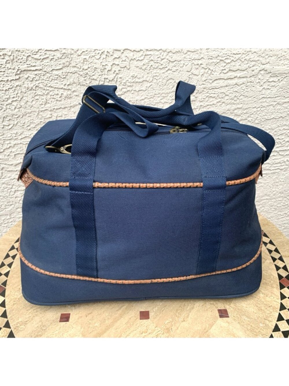 Tommy Bahama Mojito Blue Canvas Duffle Travel Bag Basketweave Trim Large - Picture 5 of 12